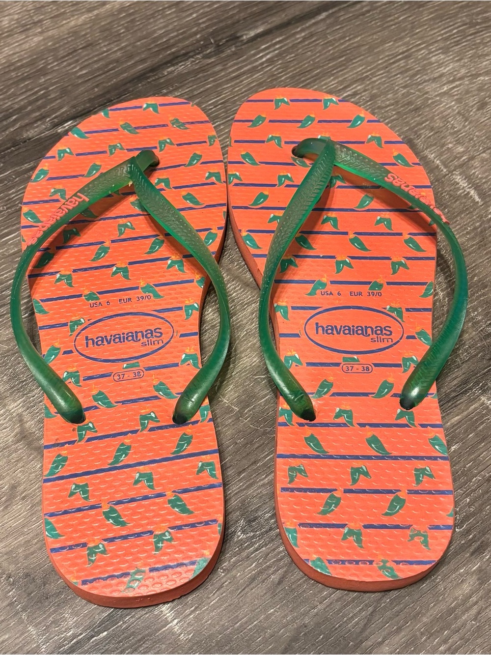 Havaianas Slim Orange Flip Flops with Green Straps